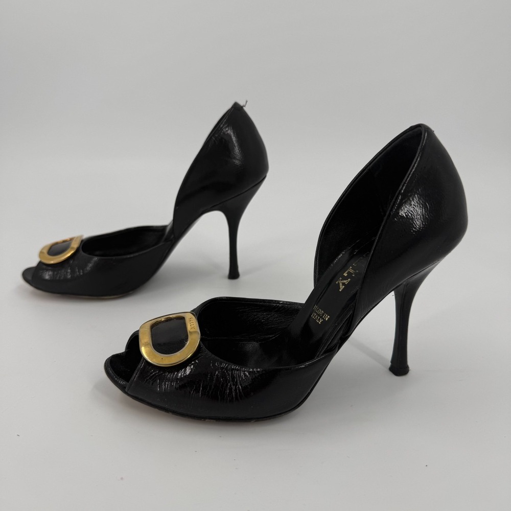 Bally D'orsay Pumps Womens Size 5.5 Black Leather Elegant Gold Logo Peep Toe
